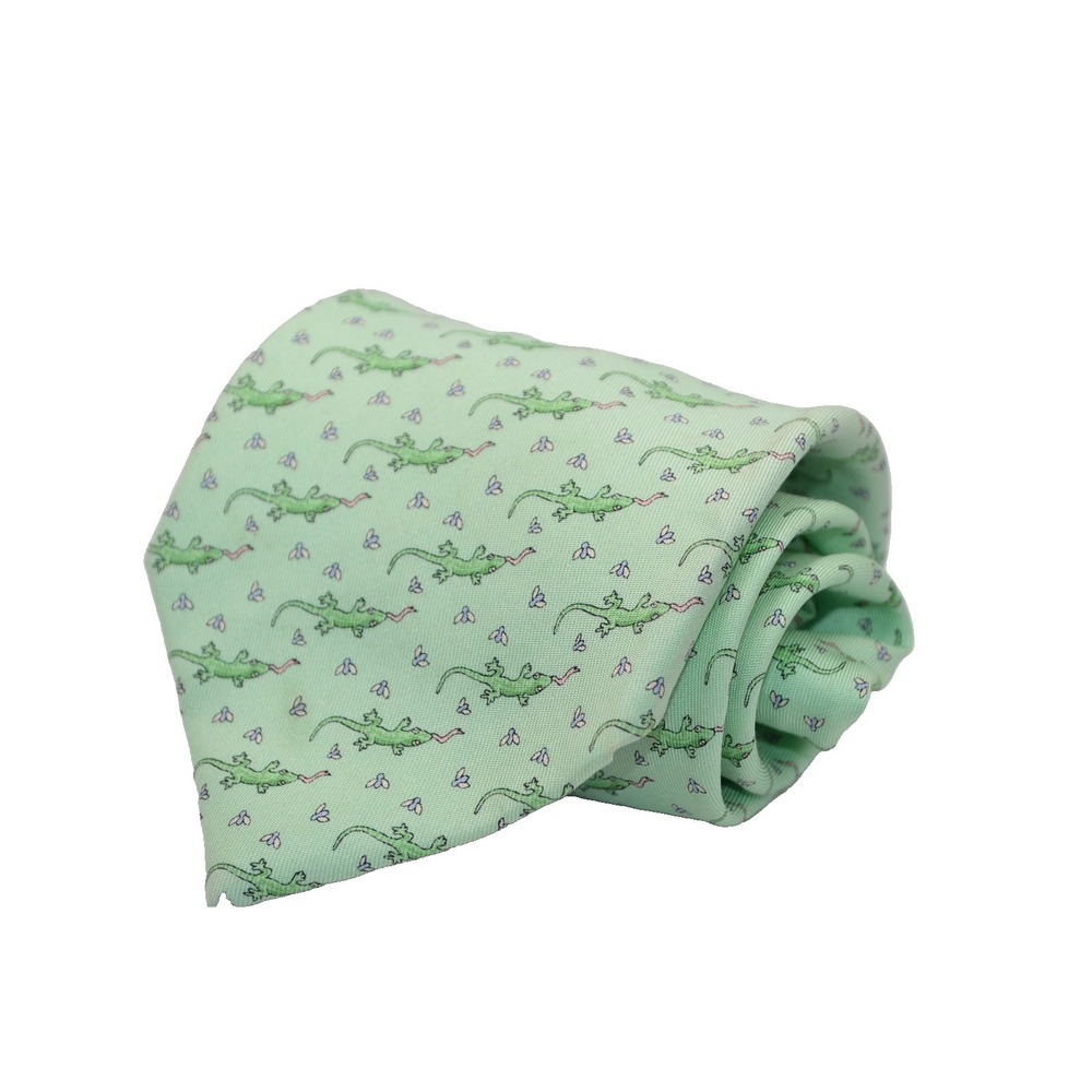 Vineyard Vines Tie Mens Green Geometric Printed Lizard Gecko Silk Made In USA